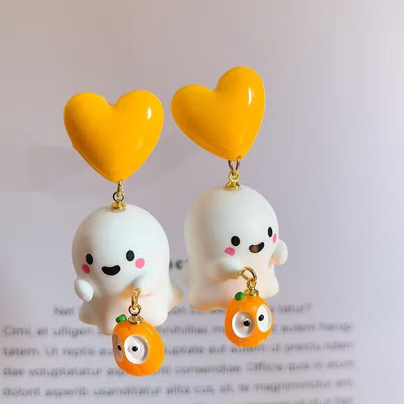 Cute Kawaii Halloween Spooky Yellow Heart Lantern Ghost Drop Earrings - Picture 1 of 2